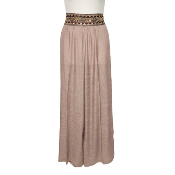 Solid Sand Brown Sheer Sequin Waistband Wide Leg Casual Pants - Picture 1 of 11